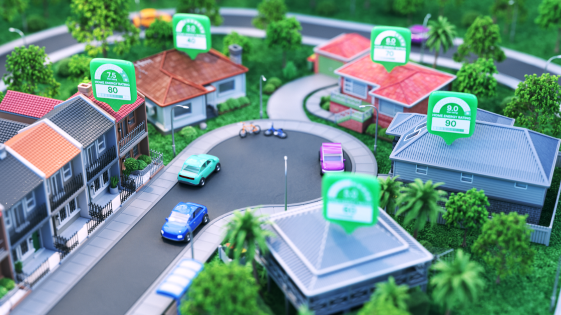 Animated image of several homes in a cul de sac with floating rating icons hovering above them