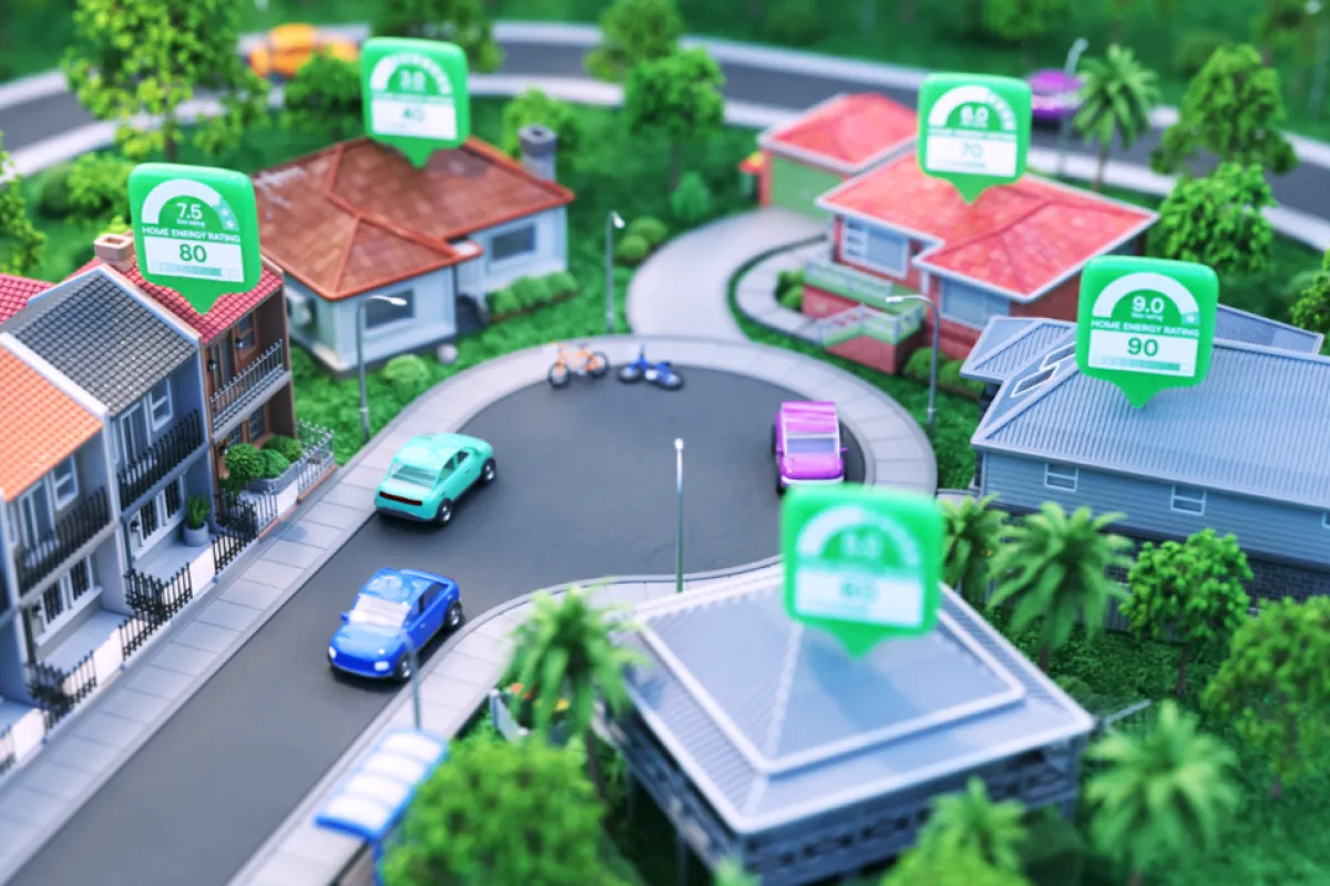 Animated image of several homes in a cul de sac with floating rating icons hovering above them