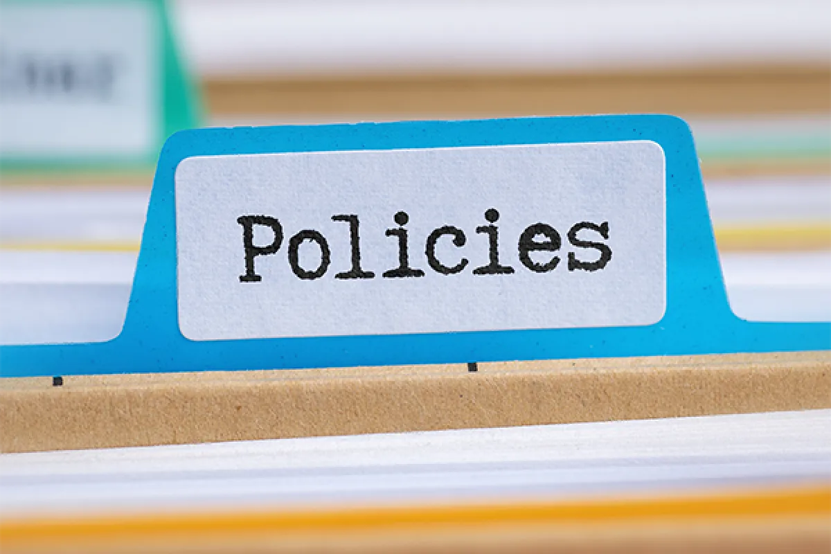 Filing divider with Policies in text at top of divider.